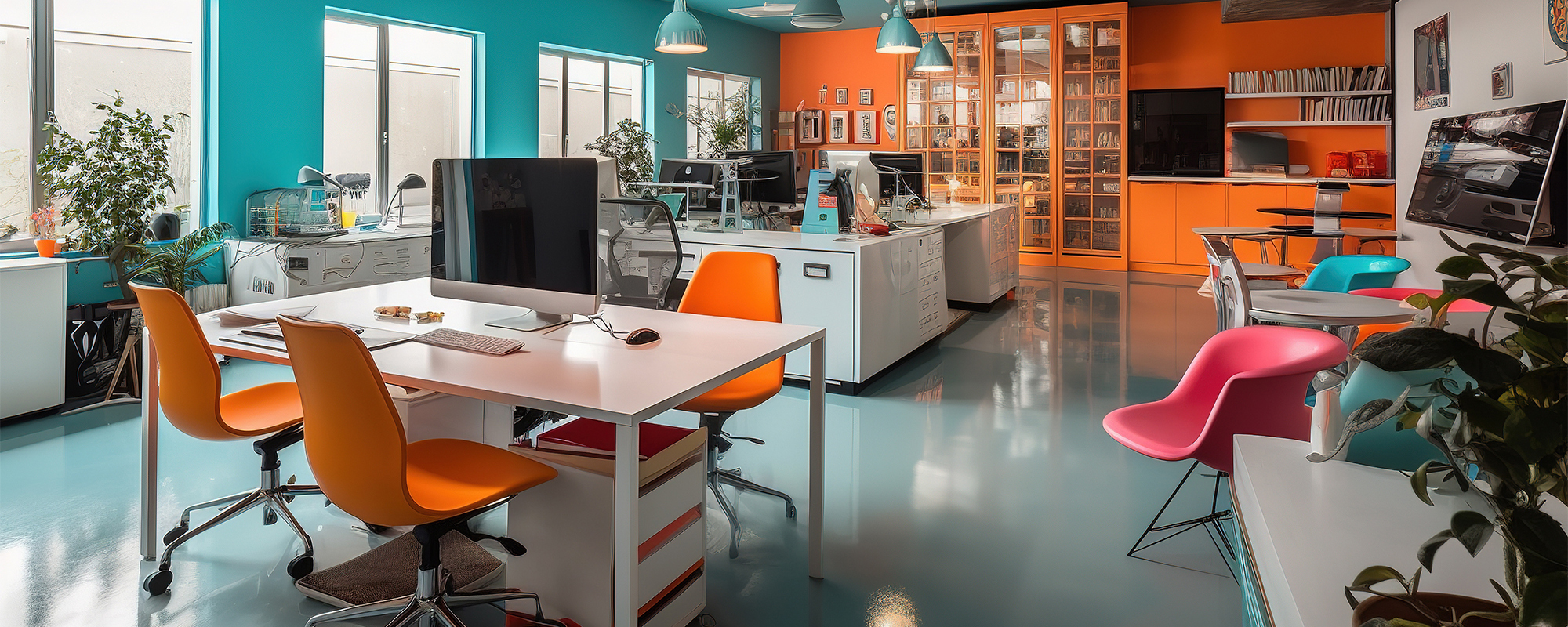modernes Großraumbüro mit orangen Büromöbeln und vielen bunten Sesseln und Pflanzen. einladende Atmosphäre, keine Menschen