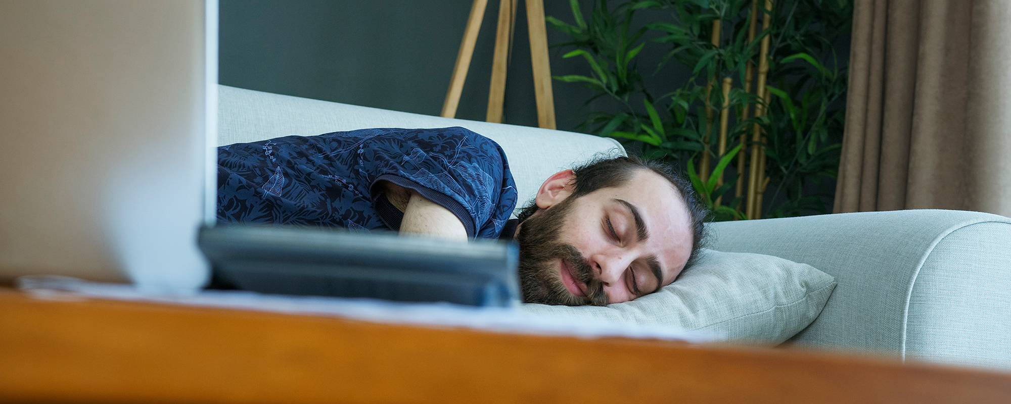 Ein junger Mann mit Vollbart schläft mit einem Lächeln auf den Lippen auf dem Sofa, vor ihm auf dem Couchtisch sein Laptop. Im Hintergrund eine Bambuspflanze im Topf und eine dreibeinige Stehlampe mit weißem Schirm.